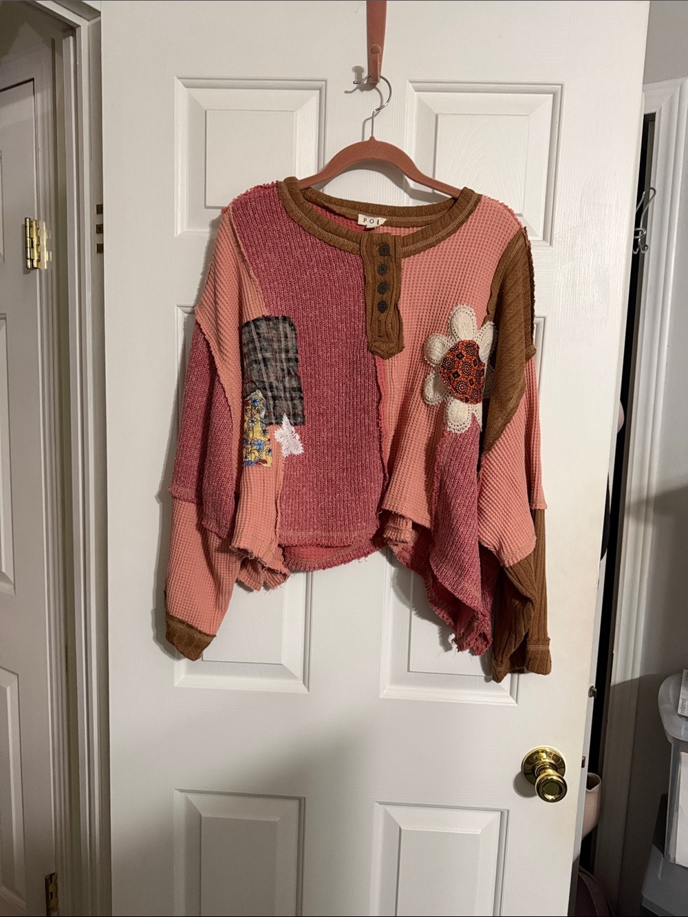 POL Patchwork Waffle-Knit Crewneck Sweater in Pink and Brown